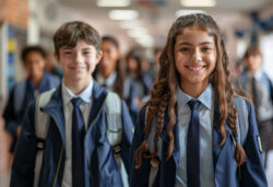 Group of school children in uniforms smiling at camera