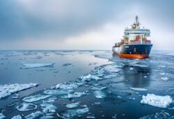 Cargo ship sailing through icy Arctic waters