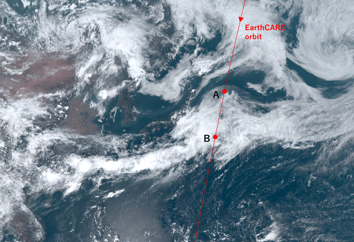 Cloud imagery from the Himawari-9 meteorological satellite with the orbit of the EarthCARE satellite overlaid.